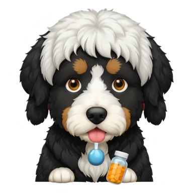 A Bernedoodle black dog with white hair around nose eating Advil pills  sticker