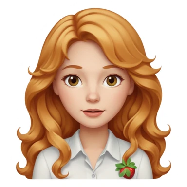 white adult woman with strawberry blonde super long wavy hair, white shirt, blushed cheeks sticker