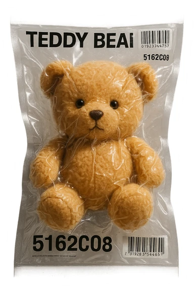 vacuum-sealed teddy bear, soft toy look, tightly wrapped sticker