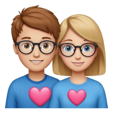 two young lovers, a pink heart in the middle, boy with chestnut hair and glasses, girl blonde with blue eyes without glasses, emoji style sticker