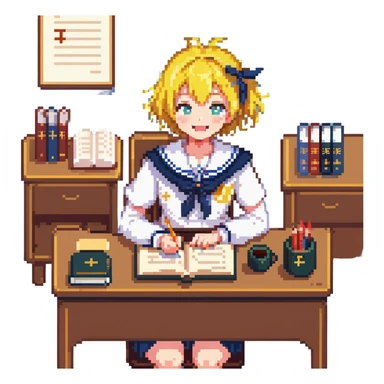 Pixel art anime girl with short bright yellow hair wearing Japanese sailor style school uniform, sitting at desk reading book but with excited smile, energetic studying pose sticker