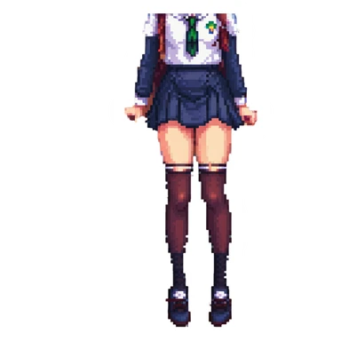 pixel art of a girl in a school uniform, focus on legs in dark stockings sticker