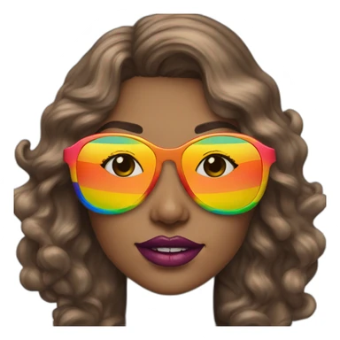 gay pride sunglasses on female head with wavy brown hair and rainbow lipstick sticker