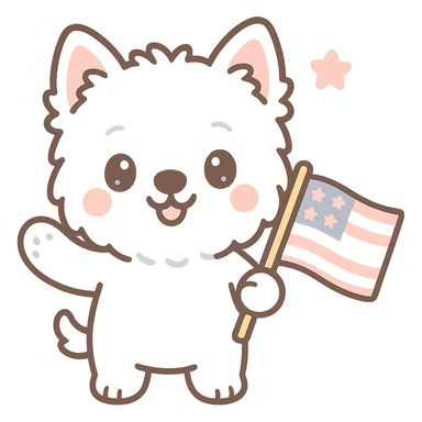 West Highland White Terrier (Westie) holding and waving an American flag, kawaii cute style sticker