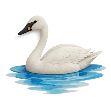very detailed tundra swan swimming in water, paper craft style, layered cut paper textures, white feathers, black beak with yellow spot, blue water reflections sticker