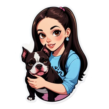 Slightly overweight beautiful girl with choppy long dark hair with her nose piercing and her black iPhone with her her pet pit bull girl with an underbite layed next to her sticker