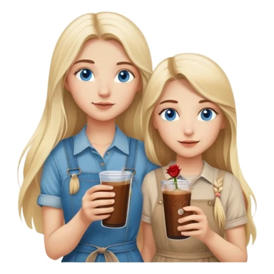 Turkish beautiful finish Konya girl long blonde hair and blue eyes with his brother beige denim dress and had on her hand Rose Cold brew coffee   sticker