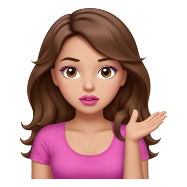 girl with long wavy brown hair, brown eyes, light to medium complexion, in a pink sexy top, pink puckered lips, long lashes, shrugging sticker