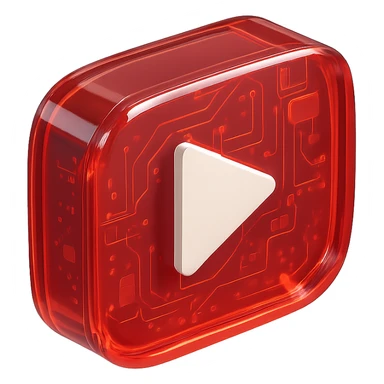 YouTube play button, white, centered, red background, glossy circuit style sticker