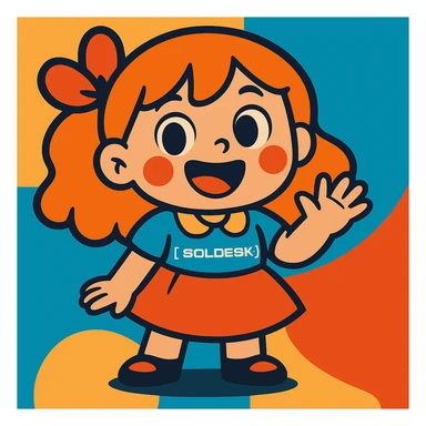Add the SOLDESK logo to the character's shirt, keep the vibrant toon style, preserve the original background. sticker