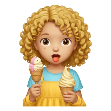 a little girl kid with curly hair, yellow dress, eat ice cream sticker