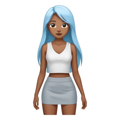 hyperrealistic caucasian, darker sky blue long straight hair, white deep v-neck crop tanktop, gray tight mini skirt sticker