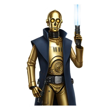 tarnished undercover tough well-equipped Jedi  life-sized darkblue-pearl C3po leather vest clothing pants and vest old west duster coat holding light saber sheriff sticker