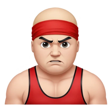 Close-up of white skin fat guy no muscle with prominent black durag, completely shaved face, no beard or mustache, black eyes in a red and black wrestling singlet with angry face sticker