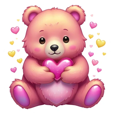 "A cute, fluffy bear sticker in a vibrant kawaii style, tightly hugging with both arms, big sparkling eyes full of love, soft pink cheeks, warm pastel colors like pink and yellow, smooth gradients, gentle shadows, heart-shaped sparkles around, transparent background, highly detailed, expressive and adorable."

 sticker