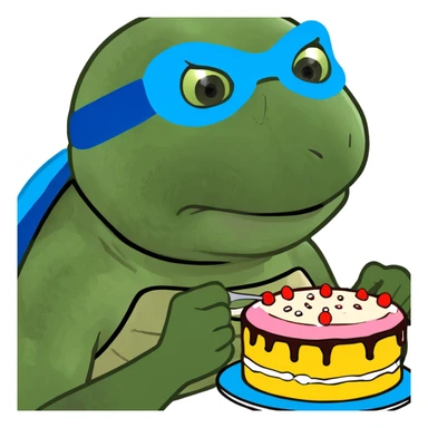 ninja turtle wearing blue eye mask eating cake with blue icing sticker
