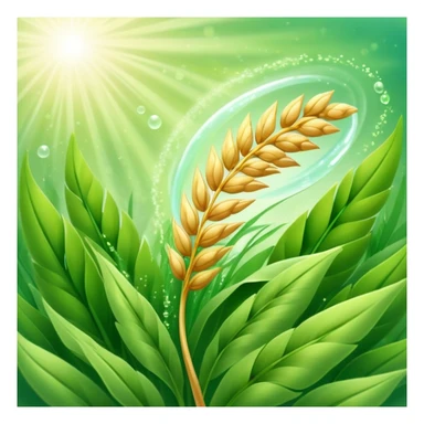 Golden wheat ear floating among green leaves and bright particles, spinning around an ethereal digestive system with soft light texture, while subtle cleansing waves pass through the air like a purifying spell sticker