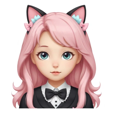 Gorgeous pastel anime style lady with blushing cheeks, cat ears, long beautiful Lucious stylish hair, big pretty eyes, cute dress and bow ties  sticker