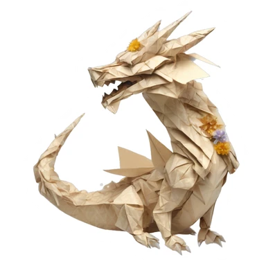 Sparkling patterned Beige Origami dragon with a dried flower crown made of newspapers intricate patterns surrounded by fairy lights nebula galaxy stars swirls iridescent holographic  sticker