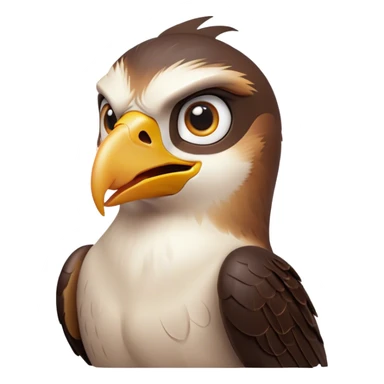 Cinematic Comical Falcon Portrait Emoji, Head tilted dramatically with an exaggeratedly shocked expression, featuring a sharply defined beak and wide, comically expressive eyes full of playful disbelief, Simplified yet hilariously expressive features, highly detailed, glowing with a slightly sassy glow, high shine, dramatic yet playful, stylized with an air of cheeky aerial mischief, soft glowing outline, capturing the essence of a meme-worthy falcon that looks ready to side-eye its way into viral fame! sticker