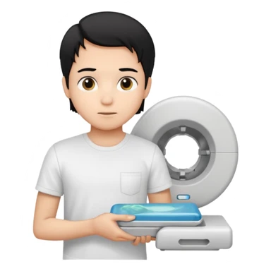 generate a pretty bratz emoji of a boy with black hair wearing a white tshirt and holding a cT sticker