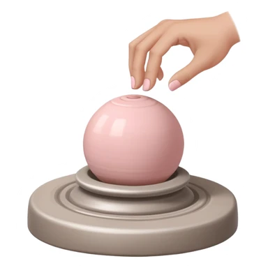 hand hovering over a centered pink ball of clay on a silver pottery wheel, not touching it yet, sensing position before contact sticker