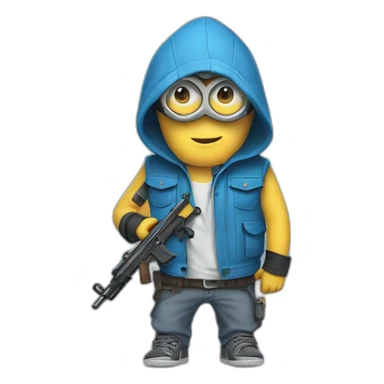 baby minion  in gray pants in a blue sleeveless shirt in a hood and with a collar with two pistols in his hands holds them on both sides raised sticker