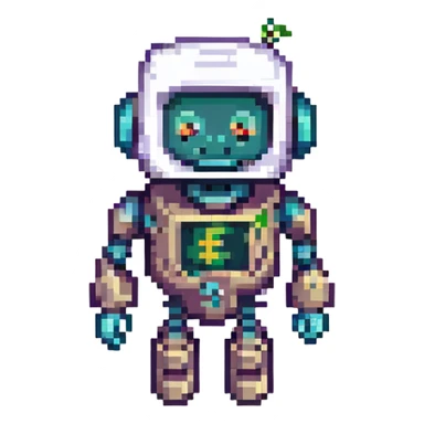 pixel art robot mascot for a finance app, friendly and modern, with subtle money or finance elements sticker