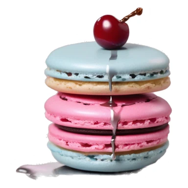 Single Realistic pastel macaron drizzled in metallic silver drip and pink cherry placed on top of the drip and cookies. sticker