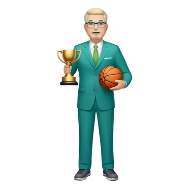 Full Body white middle aged male plus size wearing glasses with a goatee with light blonde and gray very short hair basketball head Coach in blue and green suit holding trophy sticker