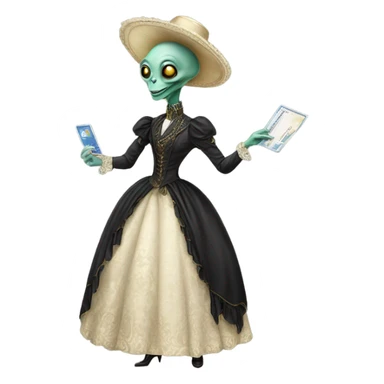 alien galora in Victorian dress elegant, full body, holding big credit card sticker