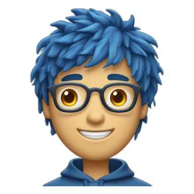 Un garçon aux cheveux châtains foncé mi-longs avec une frange à gauche lui tombant sur l'oeil avec les yeux bleus portant un sweat à capuche bleu qui pleure de rire sticker