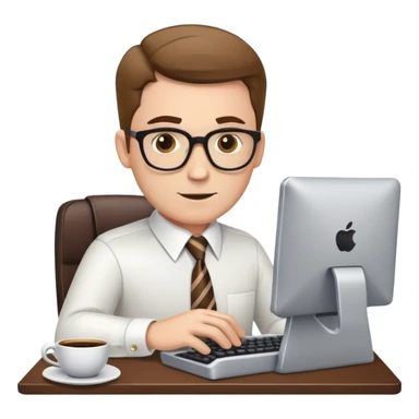 white journalist man in shirt and tie, typing on a computer, coffee cup nearby sticker