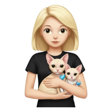A white girl with blonde hair black T-shirt is holding a white Sphynx girl cat in her arms sticker