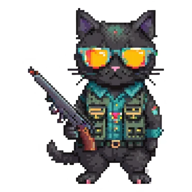 black cat with sunglasses and a gun sticker