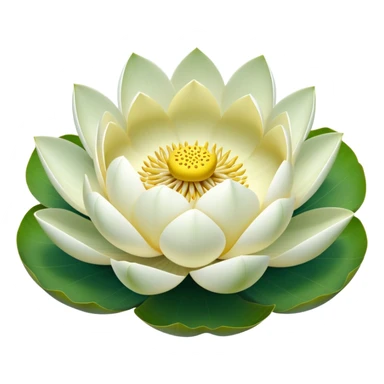 Pure white lotus flower with botanically accurate yellow seedpod center with distinct holes pattern, surrounded by pristine white petals and floating on a green notched lotus leaf sticker