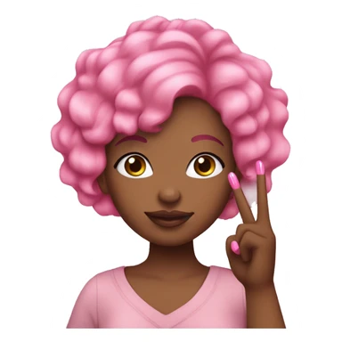 Pink haired African American woman  putting up peace sign with pink nails sticker