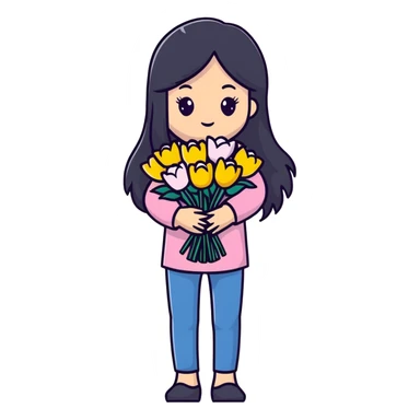 beautiful girl with long black hair holding a bouquet of flowers sticker