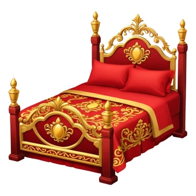 bed with red and gold sheets, wooden sticker