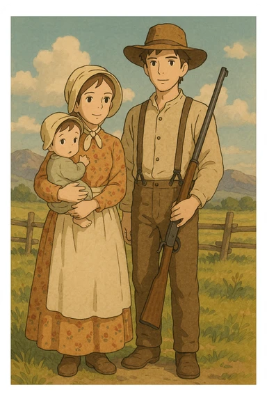 The full bodies of a young husband and wife who are pioneer settlers in the American West in the 1850s. The wife has a young child and the husband is carrying a rifle. sticker