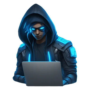 developer behind his laptop with this style : crysis Cyberpunk Valorant neon glowing bright blue character blue black hooded assassin themed character sticker