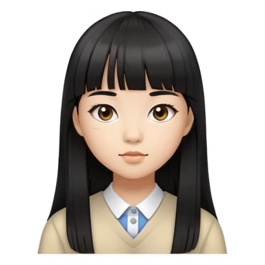 schoolgirl with Asian skin tone, long black hair, and straight cut bangs sticker