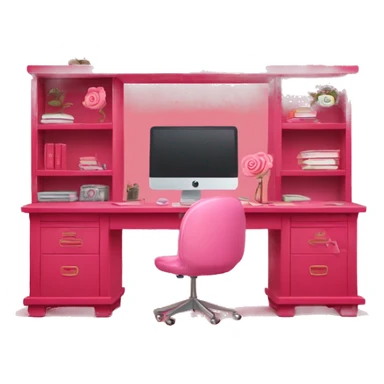 Rose red pink desk with shelves + decorations + rose red computer on top of desk.  sticker