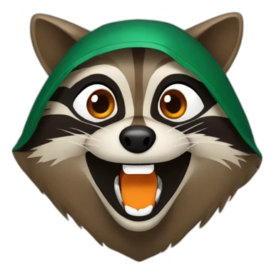 brown raccoon with orange eyes and a dark green hood that is laughing sticker