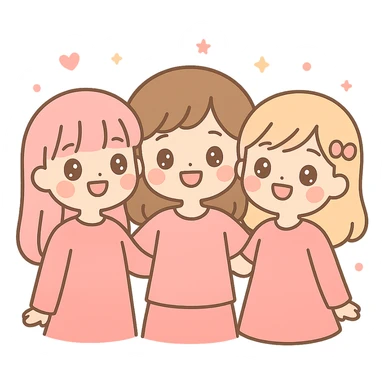 three girl best friends, cute cartoon style, top half of their bodies visible, all wearing pink, smiling, cheerful expressions sticker