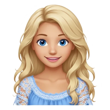 create an emoji of a young woman, tanned face, smile. she has an innocent natural look, very messy extremely long blonde hair, blueeyes, natural soft pink lips. she wears a very loose very white lacy top sticker