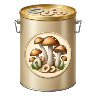 open metal can with light beige mushroom slices in brine, no label or extras, soft lighting, subtle shadows, emoji scale sticker