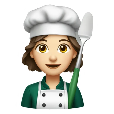 Female chef with long brown hair and hazel eyes wearing a dark green chef’s coat and holding a spatula sticker