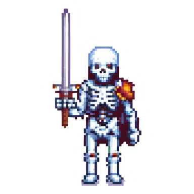 pixel art skeleton with a sword, retro game look sticker