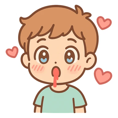 anime-style emoji of a surprised boy, wide eyes, nosebleed, blushing, hearts circling the head sticker